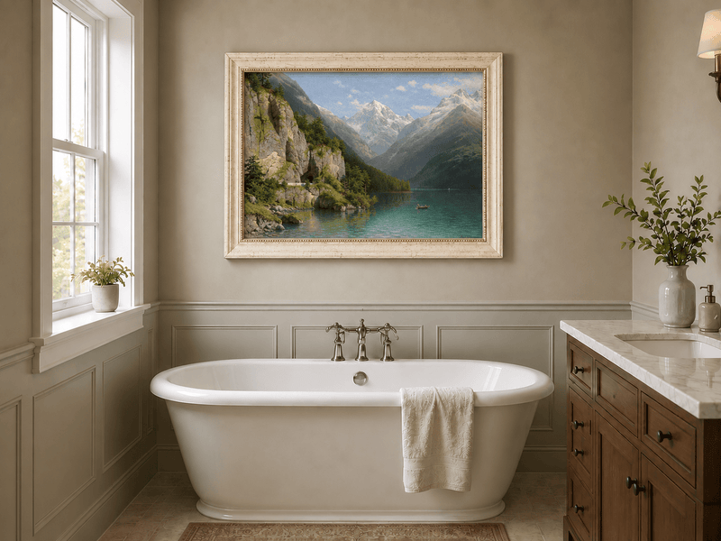 Peinture à l'huile de paysage - Lac de vallée de montagne : sentier de grotte, bateau