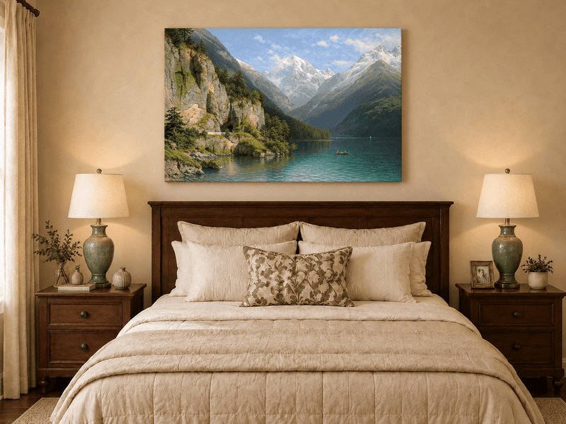 Peinture à l'huile de paysage - Lac de vallée de montagne : sentier de grotte, bateau