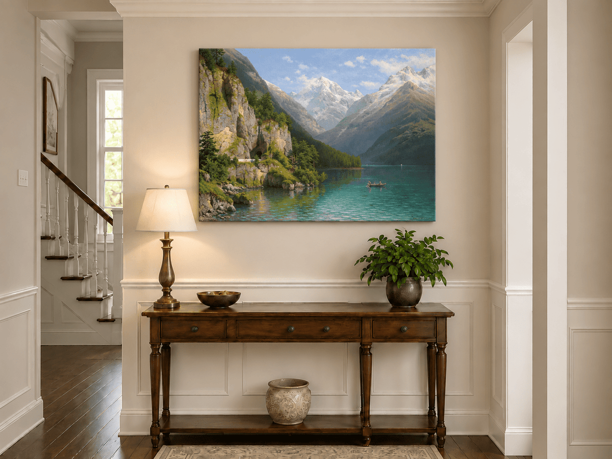 Peinture à l'huile de paysage - Lac de vallée de montagne : sentier de grotte, bateau
