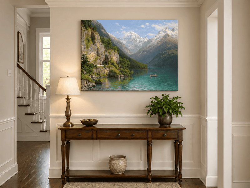 Peinture à l'huile de paysage - Lac de vallée de montagne : sentier de grotte, bateau