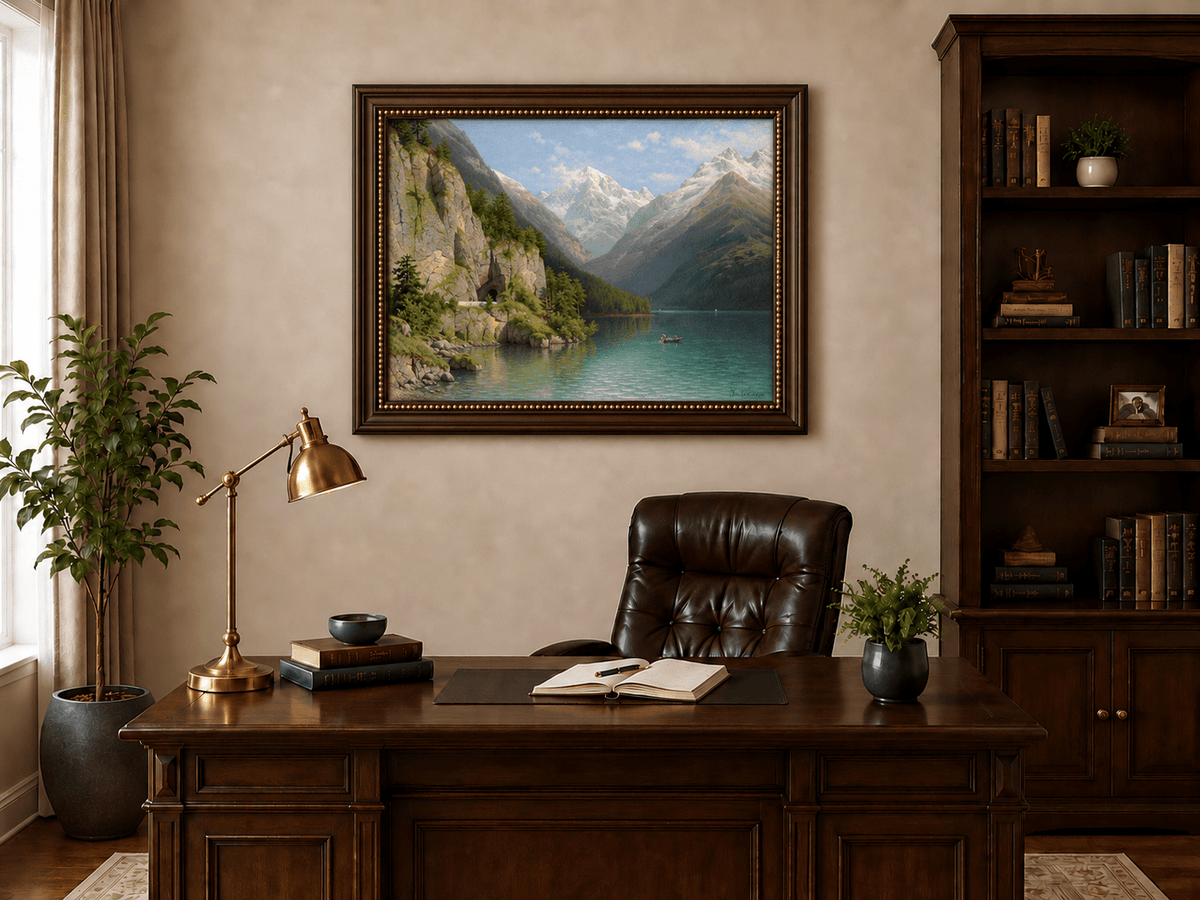 Peinture à l'huile de paysage - Lac de vallée de montagne : sentier de grotte, bateau