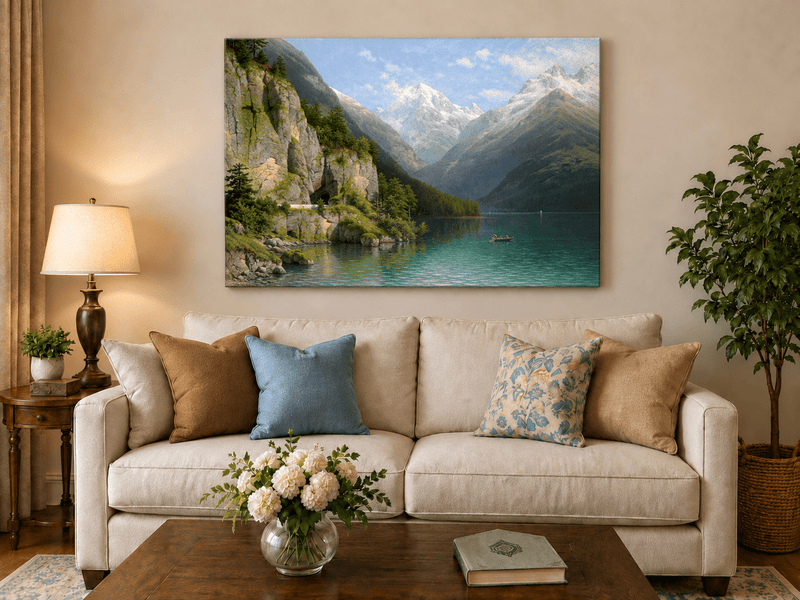 Peinture à l'huile de paysage - Lac de vallée de montagne : sentier de grotte, bateau