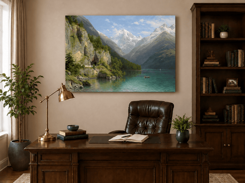 Peinture à l'huile de paysage - Lac de vallée de montagne : sentier de grotte, bateau