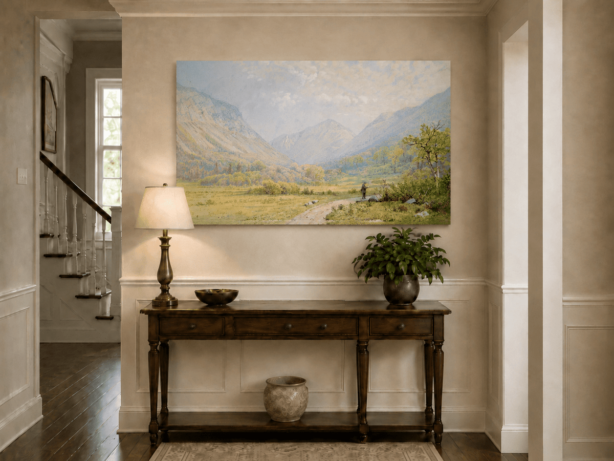 Landscape Oil Painting - Mountain Valley, Lone Figure & Distant