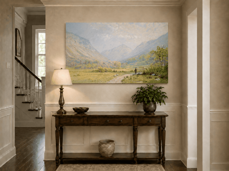 Landscape Oil Painting - Mountain Valley, Lone Figure & Distant