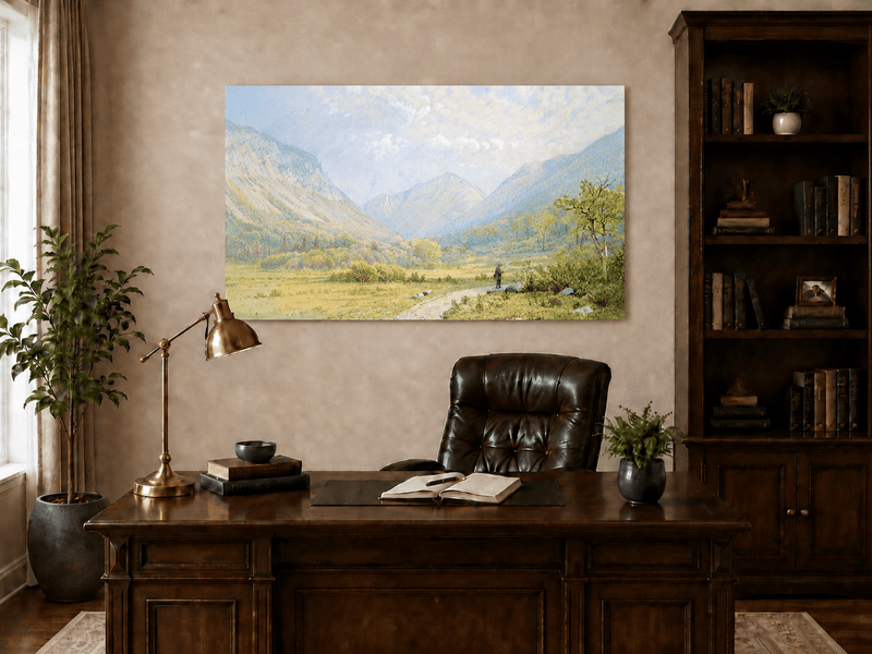 Landscape Oil Painting - Mountain Valley, Lone Figure & Distant