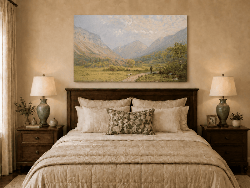 Landscape Oil Painting - Mountain Valley, Lone Figure & Distant