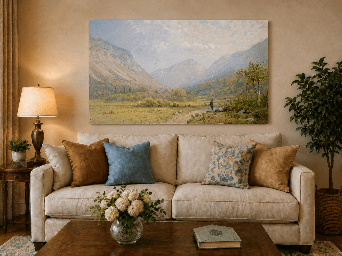 Landscape Oil Painting - Mountain Valley, Lone Figure & Distant