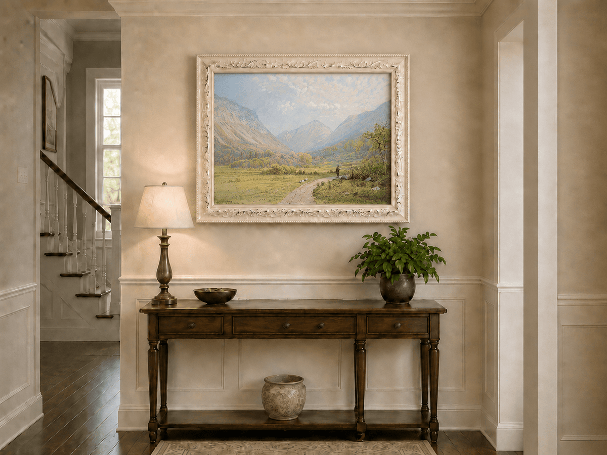 Landscape Oil Painting - Mountain Valley, Lone Figure & Distant