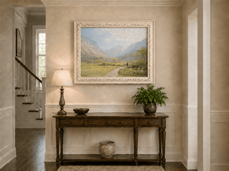 Landscape Oil Painting - Mountain Valley, Lone Figure & Distant