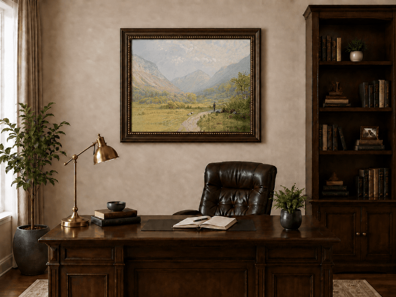 Landscape Oil Painting - Mountain Valley, Lone Figure & Distant