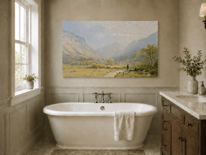 Landscape Oil Painting - Mountain Valley, Lone Figure & Distant