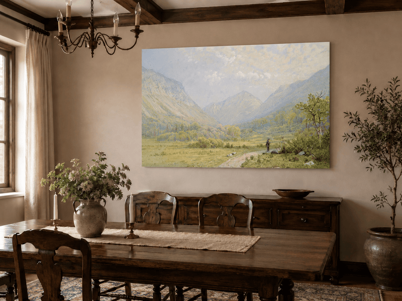 Landscape Oil Painting - Mountain Valley, Lone Figure & Distant