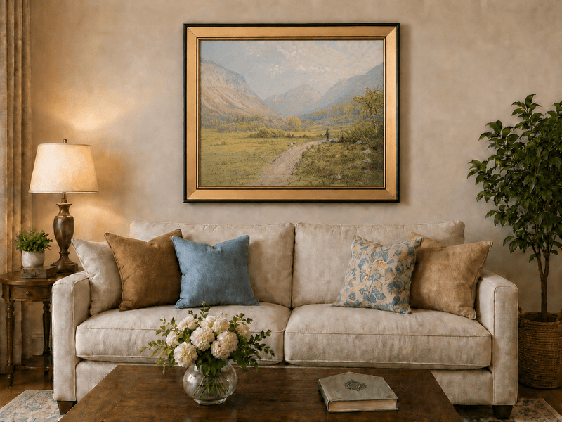 Landscape Oil Painting - Mountain Valley, Lone Figure & Distant