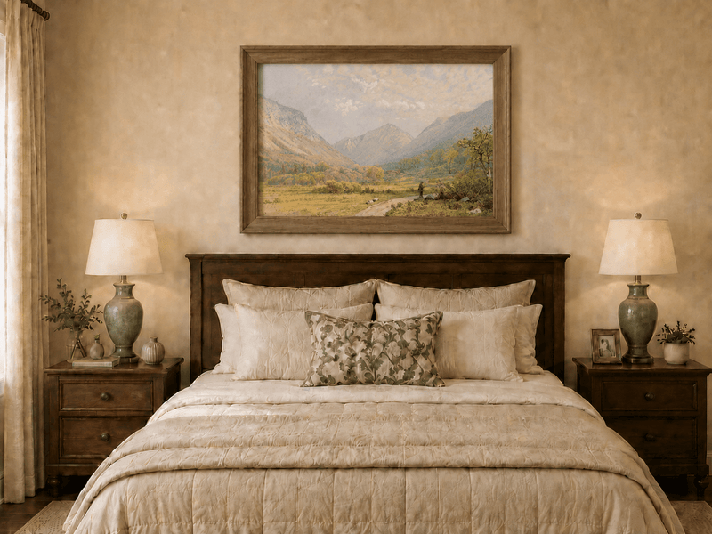 Landscape Oil Painting - Mountain Valley, Lone Figure & Distant