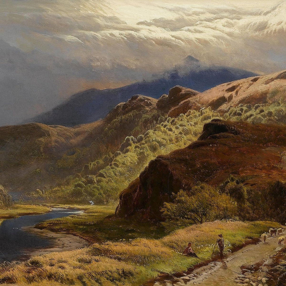 Hand-painted mountain valley, river and shepherd path landscape oil painting on canvas