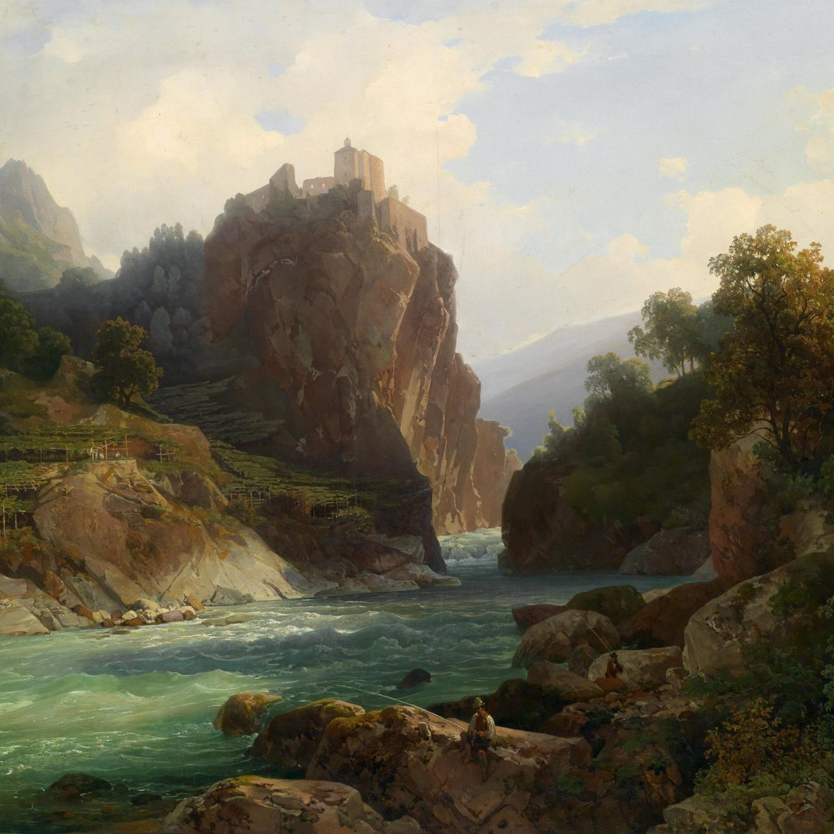 Landscape Oil Painting - Mountain Valley River & Cliff Castle, Fishing - Oil Painting Haven