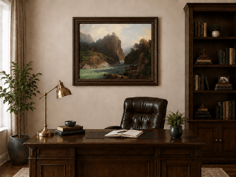 Landscape Oil Painting - Mountain Valley River & Cliff Castle