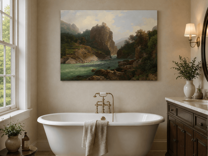 Landscape Oil Painting - Mountain Valley River & Cliff Castle