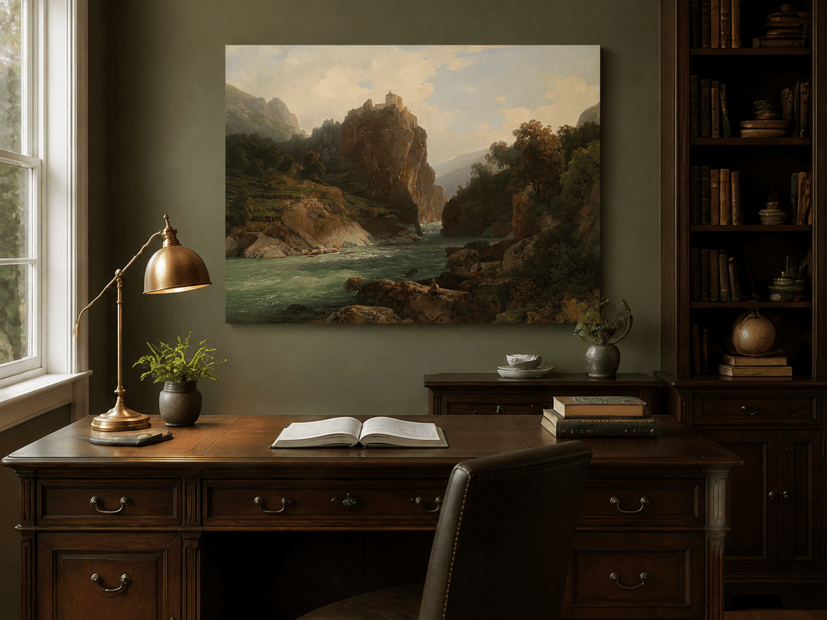 Landscape Oil Painting - Mountain Valley River & Cliff Castle