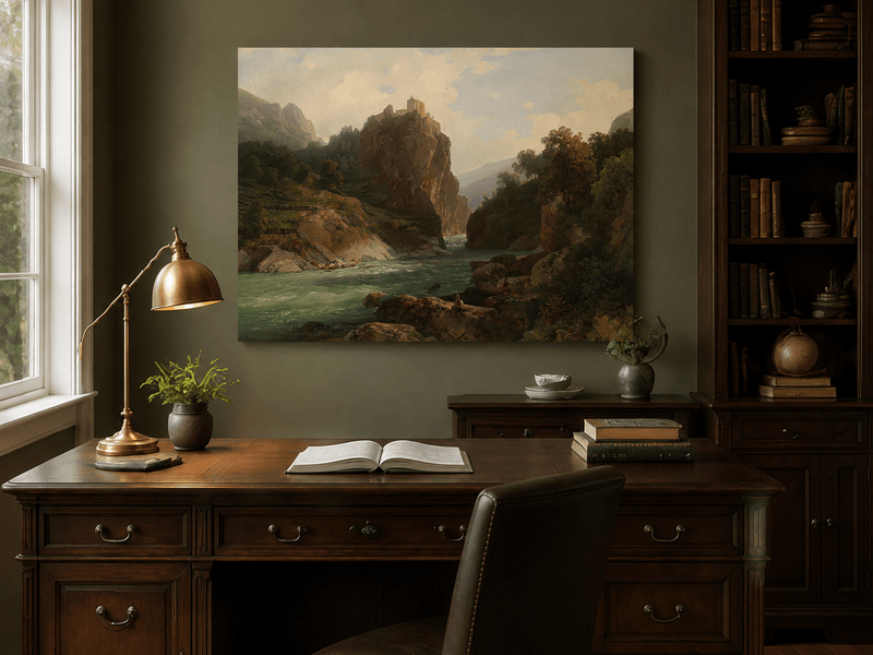 Landscape Oil Painting - Mountain Valley River & Cliff Castle