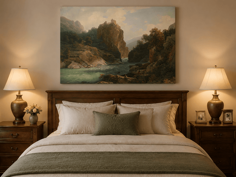 Landscape Oil Painting - Mountain Valley River & Cliff Castle