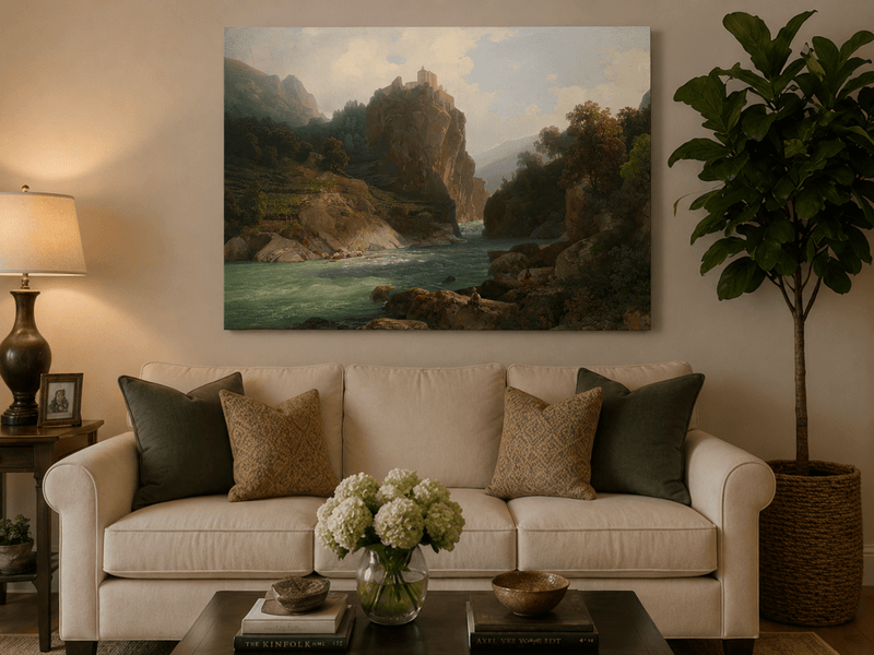 Landscape Oil Painting - Mountain Valley River & Cliff Castle