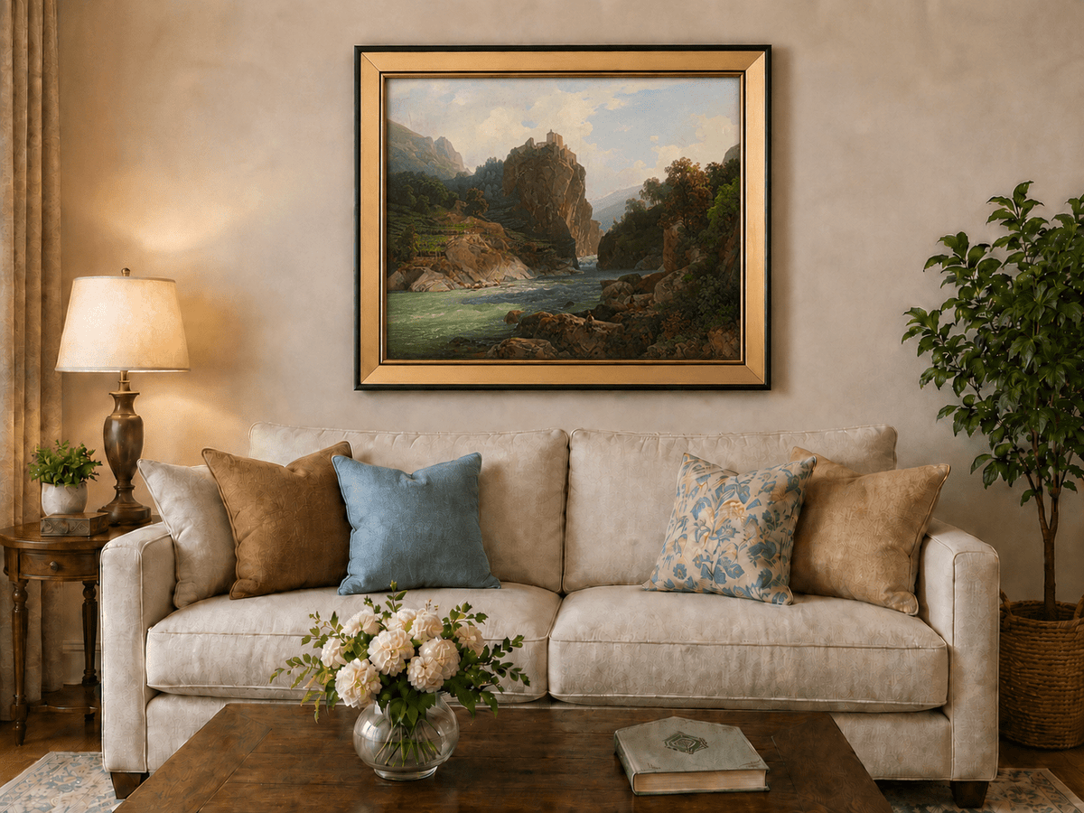 Landscape Oil Painting - Mountain Valley River & Cliff Castle