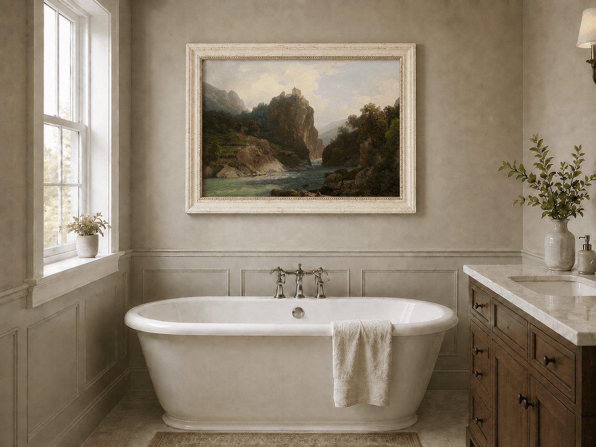 Landscape Oil Painting - Mountain Valley River & Cliff Castle