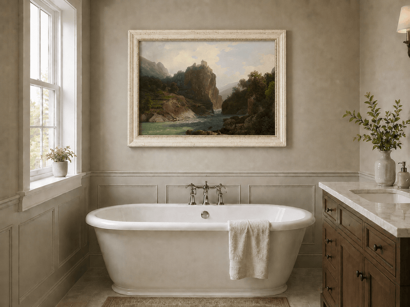 Landscape Oil Painting - Mountain Valley River & Cliff Castle