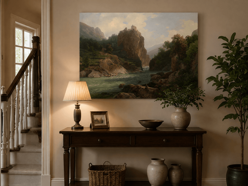 Landscape Oil Painting - Mountain Valley River & Cliff Castle
