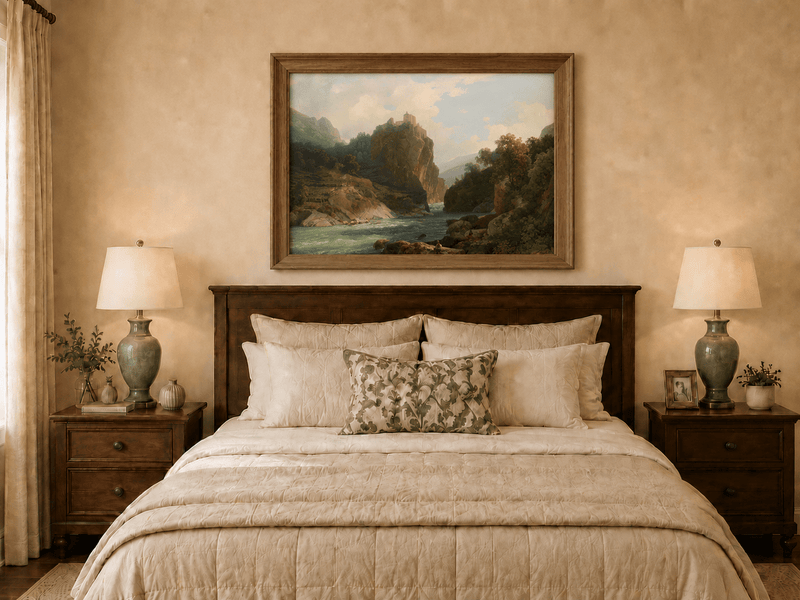 Landscape Oil Painting - Mountain Valley River & Cliff Castle