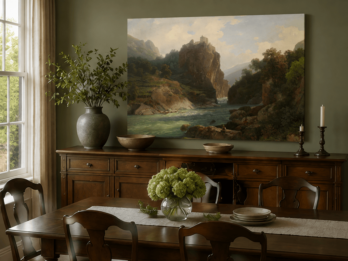 Landscape Oil Painting - Mountain Valley River & Cliff Castle
