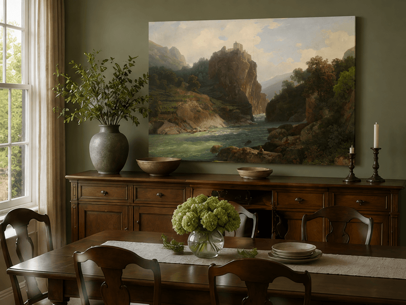 Landscape Oil Painting - Mountain Valley River & Cliff Castle