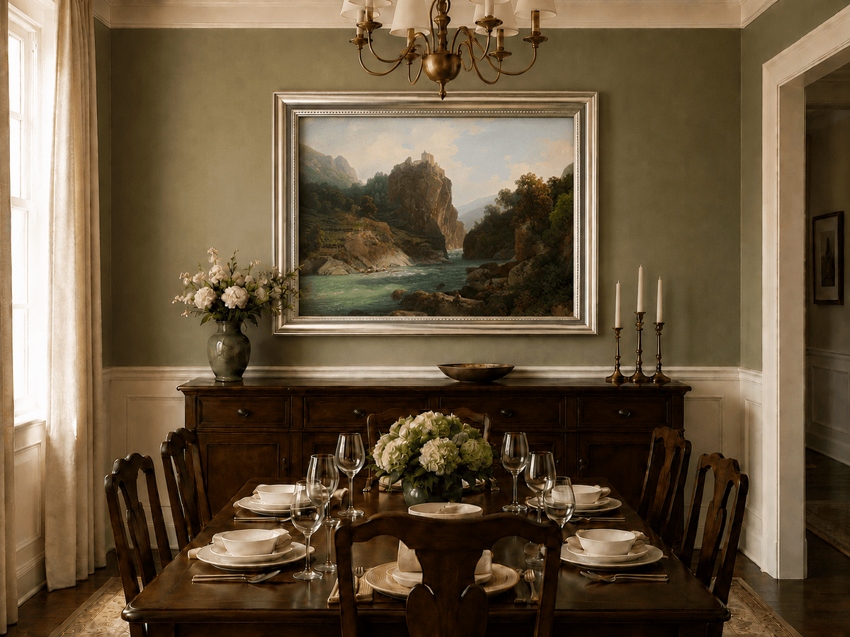 Landscape Oil Painting - Mountain Valley River & Cliff Castle