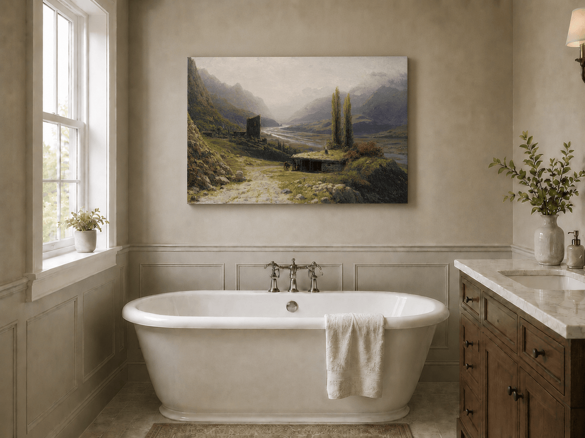 Landscape Oil Painting - Mountain Valley River, Hut & Tower