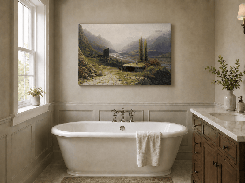 Landscape Oil Painting - Mountain Valley River, Hut & Tower