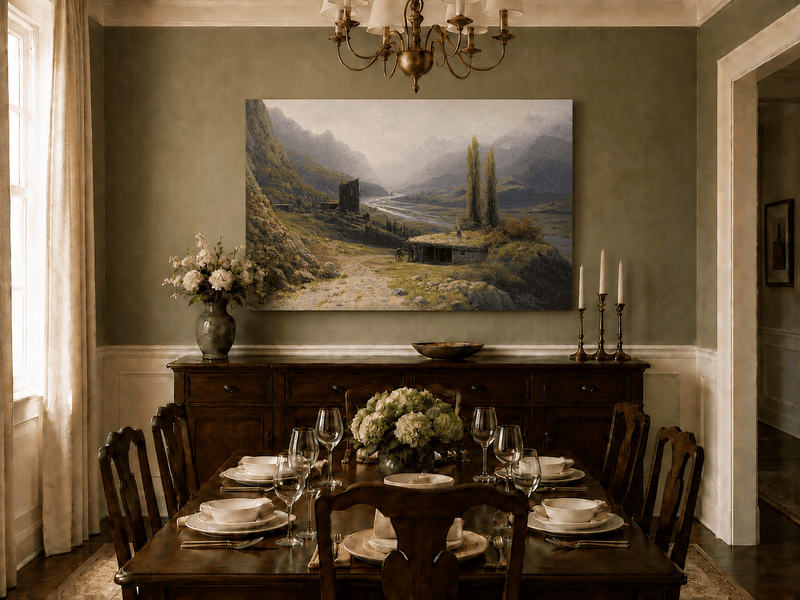 Landscape Oil Painting - Mountain Valley River, Hut & Tower