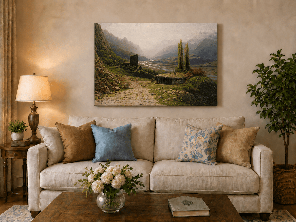 Landscape Oil Painting - Mountain Valley River, Hut & Tower
