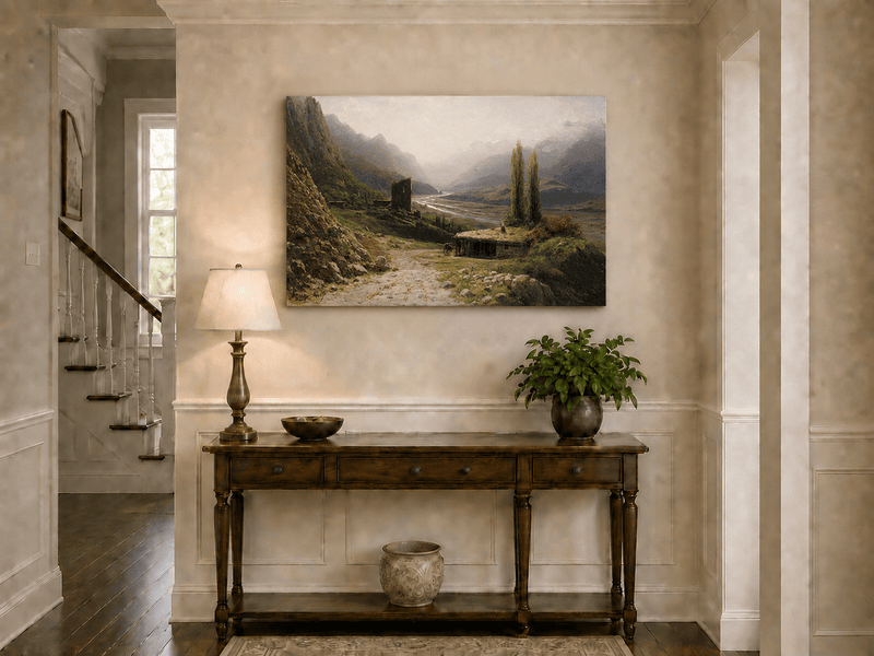 Landscape Oil Painting - Mountain Valley River, Hut & Tower