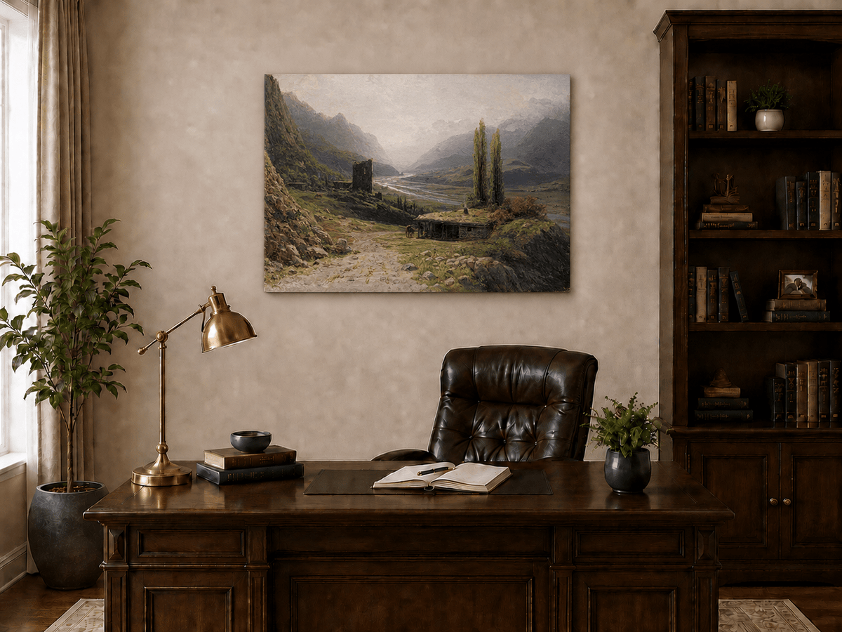 Landscape Oil Painting - Mountain Valley River, Hut & Tower