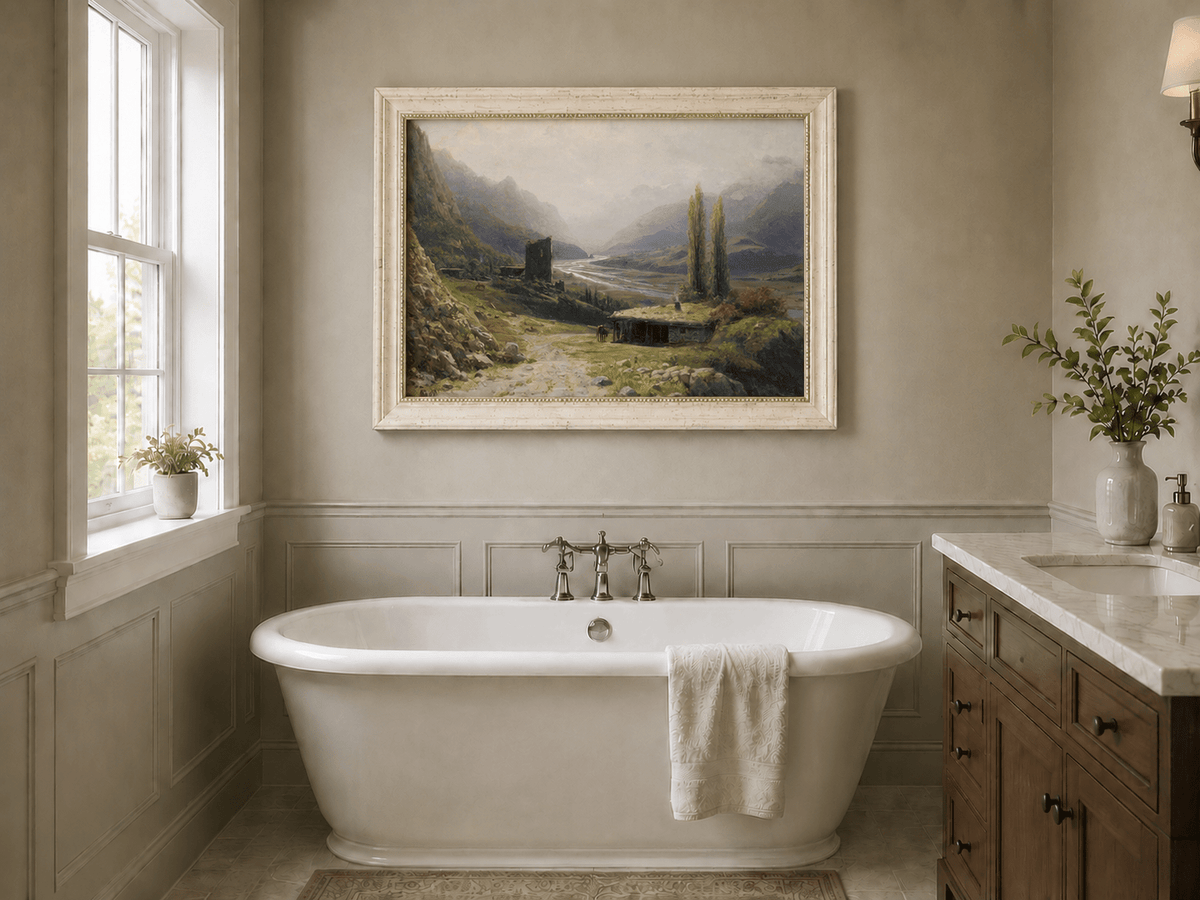 Landscape Oil Painting - Mountain Valley River, Hut & Tower