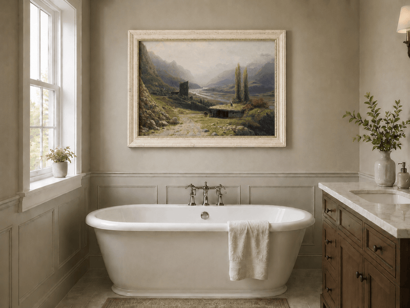 Landscape Oil Painting - Mountain Valley River, Hut & Tower