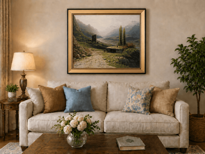 Landscape Oil Painting - Mountain Valley River, Hut & Tower