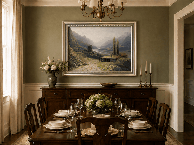 Landscape Oil Painting - Mountain Valley River, Hut & Tower