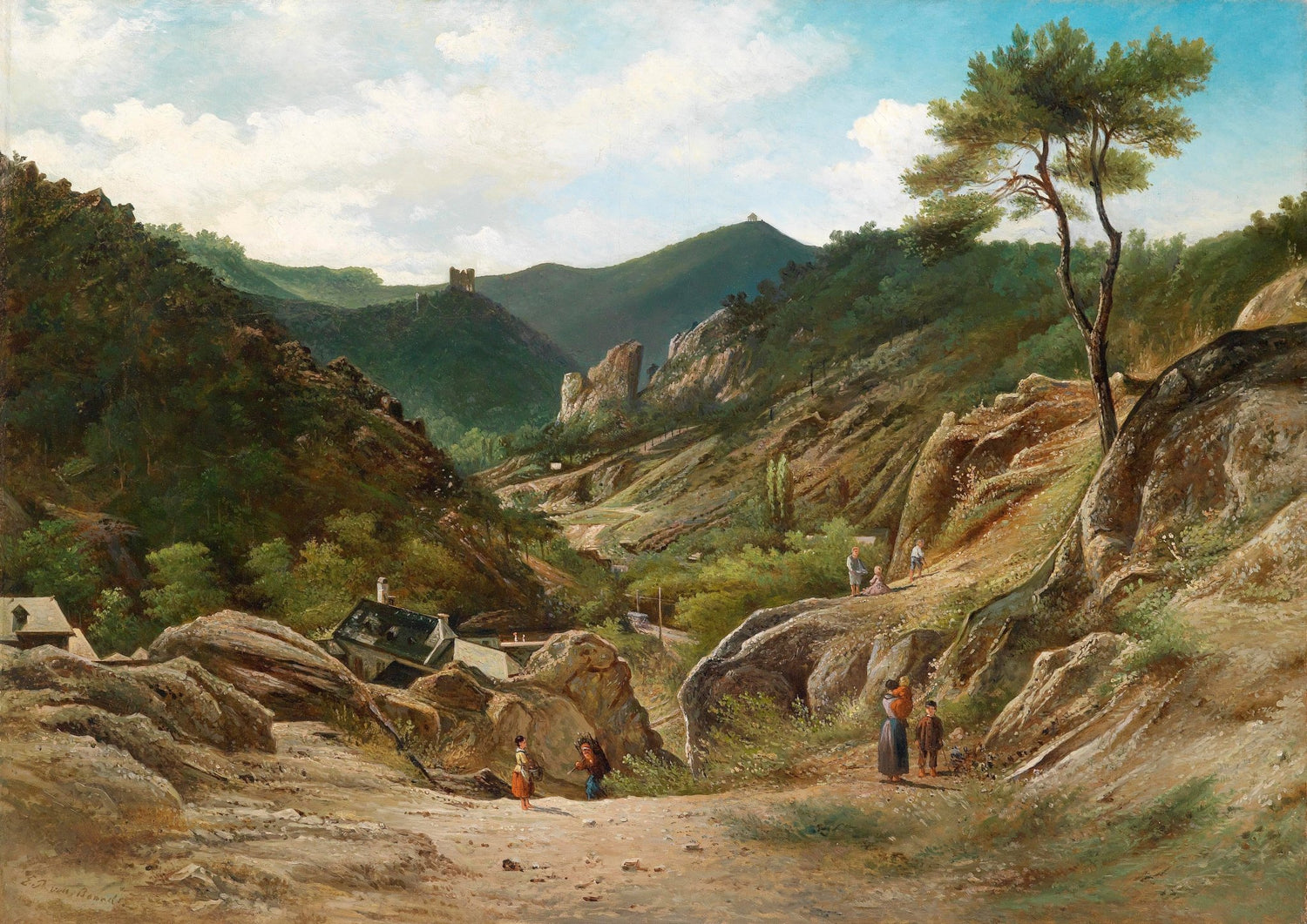 Landscape Oil Painting - Mountain Valley, Rocks, Cottages & Hilltop Castle - Oil Painting Haven