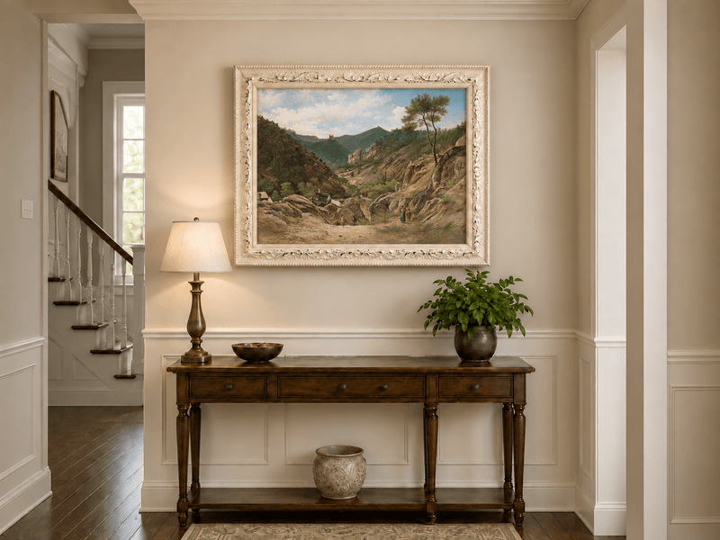 Landscape Oil Painting - Mountain Valley, Rocks, Cottages