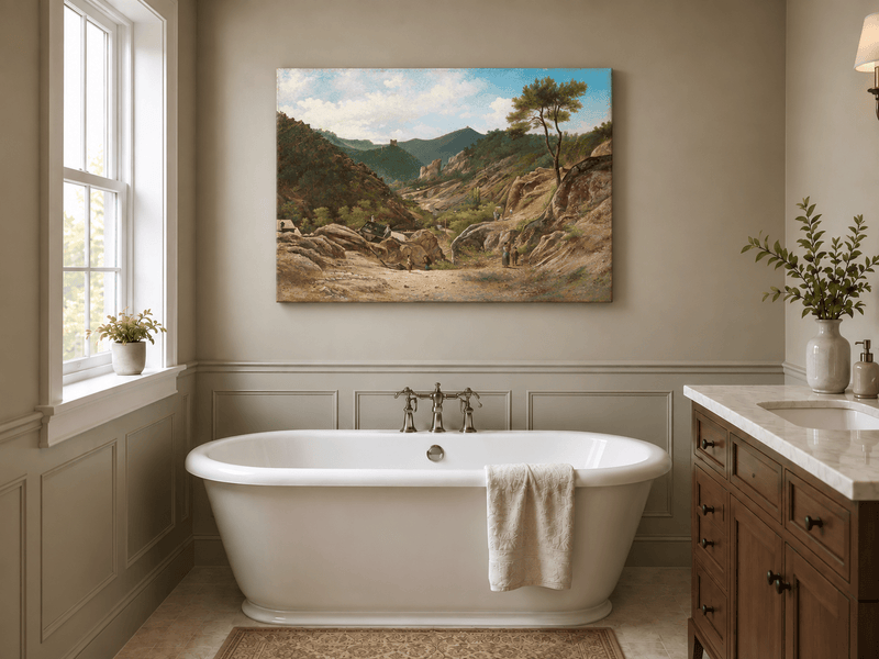 Landscape Oil Painting - Mountain Valley, Rocks, Cottages
