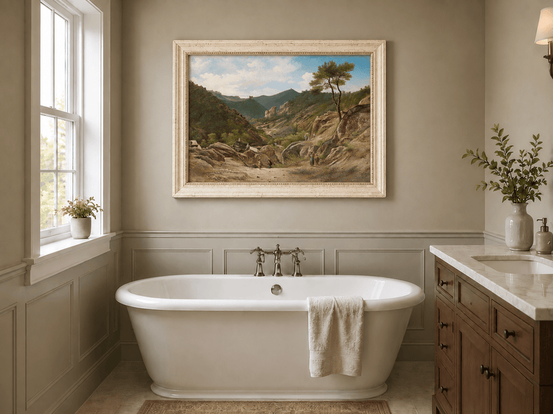 Landscape Oil Painting - Mountain Valley, Rocks, Cottages