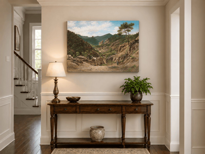Landscape Oil Painting - Mountain Valley, Rocks, Cottages